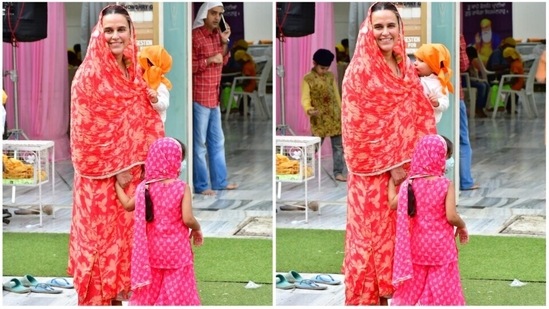 Neha Dhupia was spotted with her son and daughter at a Gurudwara where she had gone to offer prayers on the occasion of Guru Nanak Jayanti.(HT Photo)