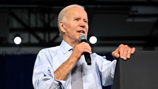 US President Joe Biden speaks during a rally for gubernatorial candidate Wes Moore and the Democratic Party on the eve of the US midterm elections, at Bowie State University in Bowie, Maryland, on November 7, 2022. (Photo by Mandel NGAN / AFP)(AFP)