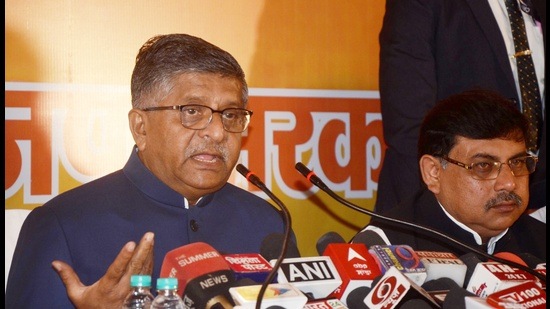 Ravi Shankar Prasad during an interaction with media ahead of Himachal Pradesh Assembly elections in Shimla on Tuesday. (HT Photo)