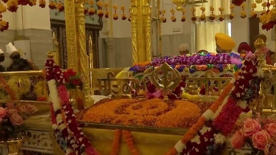 On the occasion of Guru Purab, beautiful floral decorations were seen at Gurdwara Rakab Ganj Sahib in Delhi on Tuesday. (ANI)