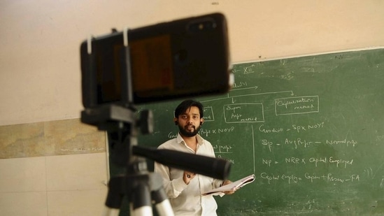 A teacher recording his video for online classes(PTI)