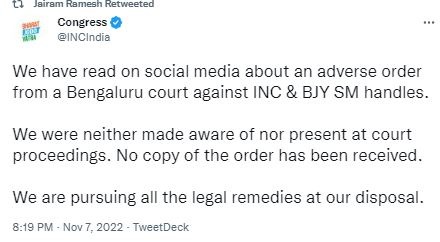 The Congress's Post on Twitter on the order.