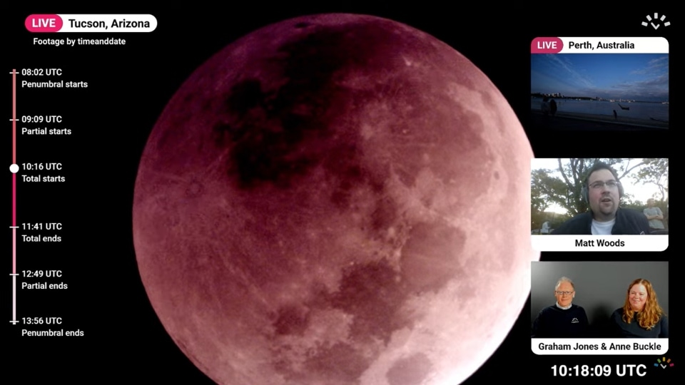 The totality of the Lunar Eclipse begins. (YouTube/timeanddate) The totality of the Lunar Eclipse begins. (YouTube/timeanddate)