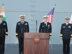 The multilateral exercise Malabar between the navies of India, the US, Japan and Australia began today with an opening ceremony hosted by the Japan Maritime Self-Defense Forces onboard JS Hyuga at Yokosuka, Japan. (Twitter/) The multilateral exercise Malabar between the navies of India, the US, Japan and Australia began today with an opening ceremony hosted by the Japan Maritime Self-Defense Forces onboard JS Hyuga at Yokosuka, Japan. (Twitter/)
