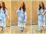 Neha Dhupia recently blessed our Instagram feed with chic photos of herself in a blue kurta and pants set worth <span class='webrupee'>?</span>40k from the collection of designer Aartivijay Gupta.(Instagram/@nehadhupia)
