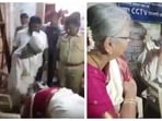 Screenshot from the viral video (left); Sudha Murthy meeting Sambhaji Bhide (right) Screenshot from the viral video (left); Sudha Murthy meeting Sambhaji Bhide (right)