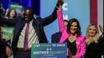Democratic Michigan Governor Gretchen Whitmer (right) and Lieutenant Governor Garlin Gilchrist react during her 2022 US midterm elections night party in Detroit, Michigan. (REUTERS) Democratic Michigan Governor Gretchen Whitmer (right) and Lieutenant Governor Garlin Gilchrist react during her 2022 US midterm elections night party in Detroit, Michigan. (REUTERS)