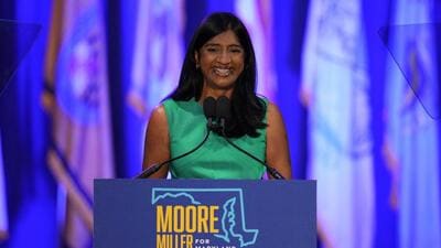 Aruna Miller, candidate for Maryland lieutenant governor, speaks to supporters during an election-night gathering after she was declared the winner in the election, on Tuesday. (AP)