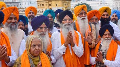 Shiromani Gurdwara Parbandhak Committee (SGPC) president Harjinder Singh Dhami with other office-bearers visits the Golden Temple after being re-elected to the post, in Amritsar on Wednesday. (PTI) Shiromani Gurdwara Parbandhak Committee (SGPC) president Harjinder Singh Dhami with other office-bearers visits the Golden Temple after being re-elected to the post, in Amritsar on Wednesday. (PTI)