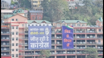 The posters dotting capital Shimla ahead of Himachal Pradesh Assembly elections, in Shimla, Wednesday. (HT Photo)