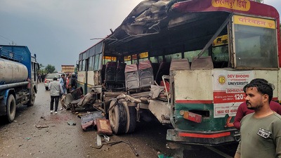 Wreckage of a bus after an accident on the Jammu-Pathankot Highway in Samba district on Wednesday. (PTI)