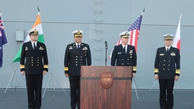 The multilateral exercise Malabar between the navies of India, the US, Japan and Australia began today with an opening ceremony hosted by the Japan Maritime Self-Defense Forces onboard JS Hyuga at Yokosuka, Japan. (Twitter/) The multilateral exercise Malabar between the navies of India, the US, Japan and Australia began today with an opening ceremony hosted by the Japan Maritime Self-Defense Forces onboard JS Hyuga at Yokosuka, Japan. (Twitter/)