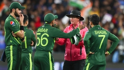 Pakistan's Babar Azam gestures to umpire Rod Tucker (AP) Pakistan's Babar Azam gestures to umpire Rod Tucker (AP)