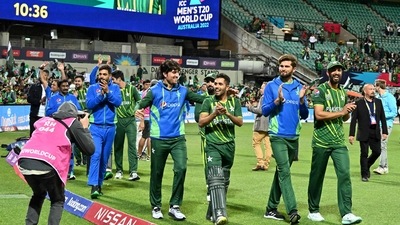 Pakistan's players celebrate after victory in the ICC men's Twenty20 World Cup 2022 semi-final cricket match between New Zealand and Pakistan at the Sydney Cricket Ground in Sydney (AFP) Pakistan's players celebrate after victory in the ICC men's Twenty20 World Cup 2022 semi-final cricket match between New Zealand and Pakistan at the Sydney Cricket Ground in Sydney (AFP)