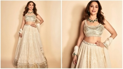 Madhuri Dixit enjoys a huge fan following that ranges across age groups. Her fashion is always on point and is often seen making heads turn at shows, events and red carpets. For a recent episode of the show Jhalak Dikhla Jaa which she is currently judging, the 'dhak dhak' girl wore a contemporary ivory lehenga set. (Instagram/@madhuridixitnene) Madhuri Dixit enjoys a huge fan following that ranges across age groups. Her fashion is always on point and is often seen making heads turn at shows, events and red carpets. For a recent episode of the show Jhalak Dikhla Jaa which she is currently judging, the 'dhak dhak' girl wore a contemporary ivory lehenga set. (Instagram/@madhuridixitnene)