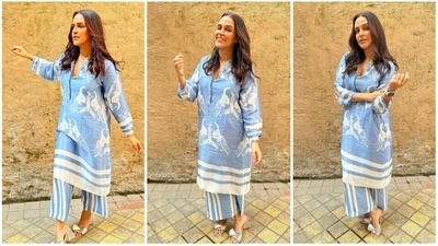 Neha Dhupia recently blessed our Instagram feed with chic photos of herself in a blue kurta and pants set worth <span class='webrupee'>₹</span>40k from the collection of designer Aartivijay Gupta. (Instagram/@nehadhupia) Neha Dhupia recently blessed our Instagram feed with chic photos of herself in a blue kurta and pants set worth <span class='webrupee'>₹</span>40k from the collection of designer Aartivijay Gupta. (Instagram/@nehadhupia)