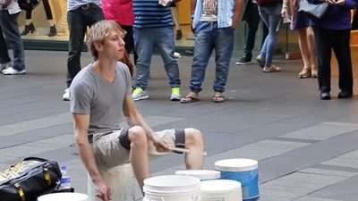 Man plays drums on empty basket. (Reddit/@WilliamWei) Man plays drums on empty basket. (Reddit/@WilliamWei)