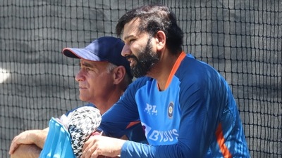 India captain Rohit Sharma rests after he sustained an injury on his right forearm (PTI) India captain Rohit Sharma rests after he sustained an injury on his right forearm (PTI)