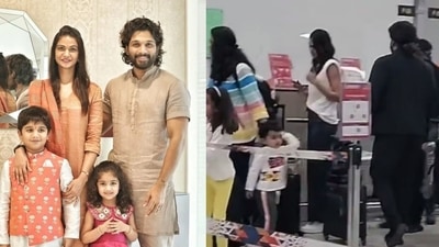 Allu Arjun with wife Sneha Reddy and kids, Allu Ayaan and Allu Arha at airport. Allu Arjun with wife Sneha Reddy and kids, Allu Ayaan and Allu Arha at airport.
