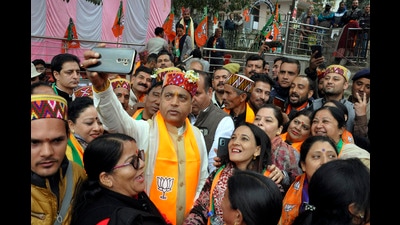Himachal Pradesh chief minister Jai Ram Thakur during an election rally in favour of BJP candidate Narotam Thakur ahead of Himachal Pradesh Assembly elections on Wednesday. (ANI)