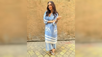Neha Dhupia's silk kurta features Mandana print. The set is available on the official website of the label in all sizes. (Instagram/@nehadhupia) Neha Dhupia's silk kurta features Mandana print. The set is available on the official website of the label in all sizes. (Instagram/@nehadhupia)