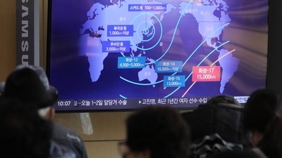 A TV screen showing a news program reporting on North Korea's missile launch. (AP) A TV screen showing a news program reporting on North Korea's missile launch. (AP)