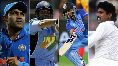 Virender Sehwag; Sachin Tendulkar; Suryakumar Yadav; Kapil Dev (File/AP) Virender Sehwag; Sachin Tendulkar; Suryakumar Yadav; Kapil Dev (File/AP)