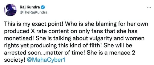 Raj Kundra's tweet against Sherlyn Chopra. Raj Kundra's tweet against Sherlyn Chopra.