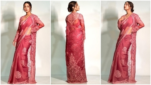 Hina Khan dons a beauteous sheer organza saree and cape jacket look is a must try for a winter wedding. (Instagram/@hinakhan) Hina Khan dons a beauteous sheer organza saree and cape jacket look is a must try for a winter wedding. (Instagram/@hinakhan)