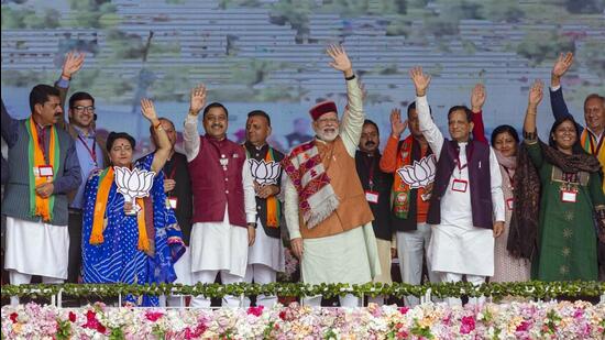Prime Minister Narendra Modi in Chambi in Kangra on Wednesday. (ANI)