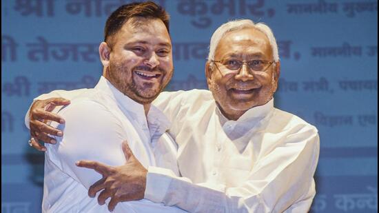 Bihar chief minister Nitish Kumar (right) with deputy CM Tejashwi Yadav in Patna on Wednesday. (PTI Photo)
