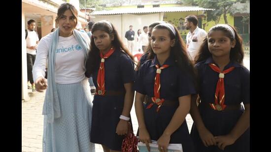 Priyanka interacting with girls during her Lucknow visit.