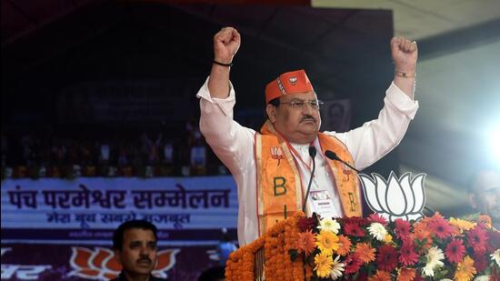 BJP national president JP Nadda held a meeting leaders of the party’s Delhi unit on Wednesday to discuss the BJP’s strategy, including candidate selection, for the municipal corporation polls. (Arvind Yadav/HT photo)