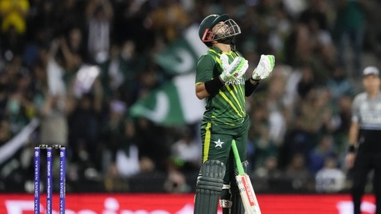 Pakistan's Mohammad Rizwan reacts after scoring 50 runs during the T20 World Cup cricket semifinal between New Zealand and Pakistan in Sydney, Australia, Wednesday, Nov. 9, 2022. (AP Photo/Rick Rycroft)(AP)
