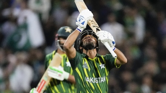 Pakistan's Mohammad Haris reacts after he was dismissed during the T20 World Cup cricket semifinal between New Zealand and Pakistan in Sydney, Australia, Wednesday, Nov. 9, 2022. (AP Photo/Rick Rycroft)(AP)