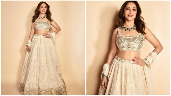 Madhuri Dixit enjoys a huge fan following that ranges across age groups. Her fashion is always on point and is often seen making heads turn at shows, events and red carpets. For a recent episode of the show Jhalak Dikhla Jaa which she is currently judging, the 'dhak dhak' girl wore a contemporary ivory lehenga set.(Instagram/@madhuridixitnene)