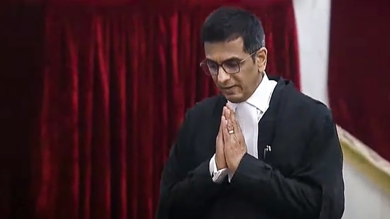Vice President Jagdeep Dhankhar, Lok Sabha Speaker Om Birla, Union Home Minister Amit Shah, Defence Minister Rajnath Singh, Finance Minister Nirmala Sitharaman and others were present for Justice DY Chandrachud's swearing-in ceremony.(PTI)