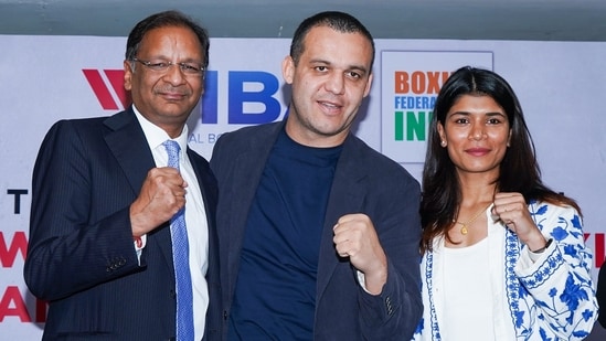 From (R) BFI President Ajay Singh, IBA President Umar Kremlev (R) and boxing star Nikhat Zareen at the press conference in New Delhi on Wednesday, November 9, 2022(BFI)