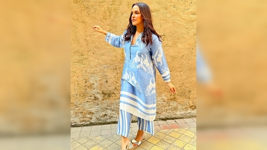 Neha Dhupia's ethnic co-ord set is worth, 40k, as per the official website of the brand.(Instagram/@nehadhupia)