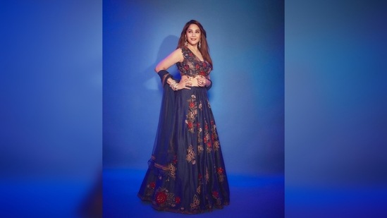 Madhuri Dixit wore this gorgeous outfit to the sets of the dance reality show Jhalak Dikhla Jaa season 10 which she is currently judging.(Instagram/@madhuridixitnene)
