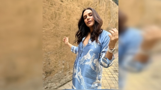 Neha Dhupia elevated her look with silver square toes heels. (Instagram/@nehadhupia)