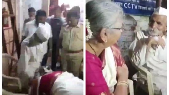 Screenshot from the viral video (left); Sudha Murthy meeting Sambhaji Bhide (right)