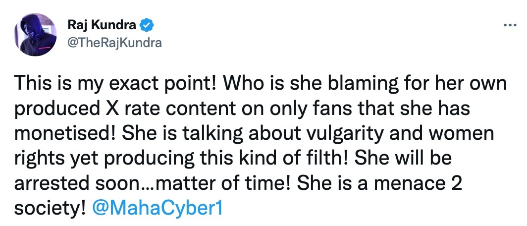 Raj Kundra's tweet against Sherlyn Chopra.