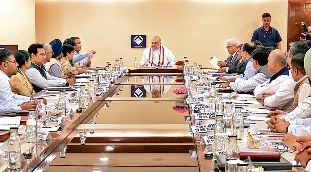 Union home minister Amit Shah chairs a high-level meeting of Intelligence Bureau (IB) officers across the country, in New Delhi on Wednesday. (ANI Photo) Union home minister Amit Shah chairs a high-level meeting of Intelligence Bureau (IB) officers across the country, in New Delhi on Wednesday. (ANI Photo)