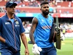 India's Hardik Pandya (R) talks to the team's coach Rahul Dravid(AFP) India's Hardik Pandya (R) talks to the team's coach Rahul Dravid(AFP)
