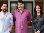 Suriya with Mammootty and Jyothika on the set of Kaathal. Suriya with Mammootty and Jyothika on the set of Kaathal.
