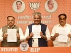 Union minister Bhupender Yadav and other Senior BJP leader release the first list of BJP candidates for upcoming Gujarat Assembly election at the party headquarters in New Delhi. ( Sanchit Khanna/HT Photo) Union minister Bhupender Yadav and other Senior BJP leader release the first list of BJP candidates for upcoming Gujarat Assembly election at the party headquarters in New Delhi. ( Sanchit Khanna/HT Photo)