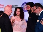 Anupam Kher, Kangana Ranaut, Boman Irani, Abhishek Bachchan, Sooraj Barjatya, Salman Khan, Bhagyashree at Uunchai screening on Wednesday. (Varinder Chawla) Anupam Kher, Kangana Ranaut, Boman Irani, Abhishek Bachchan, Sooraj Barjatya, Salman Khan, Bhagyashree at Uunchai screening on Wednesday. (Varinder Chawla)