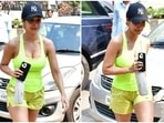 Malaika Arora aces gym fashion in a neon green tank top and shorts set. (HT Photo/Varinder Chawla) Malaika Arora aces gym fashion in a neon green tank top and shorts set. (HT Photo/Varinder Chawla)