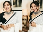 Neena Gupta looks beautiful in monochrome saree and stylish blouse by Masaba Gupta for Uunchai screening. (Instagram) Neena Gupta looks beautiful in monochrome saree and stylish blouse by Masaba Gupta for Uunchai screening. (Instagram)